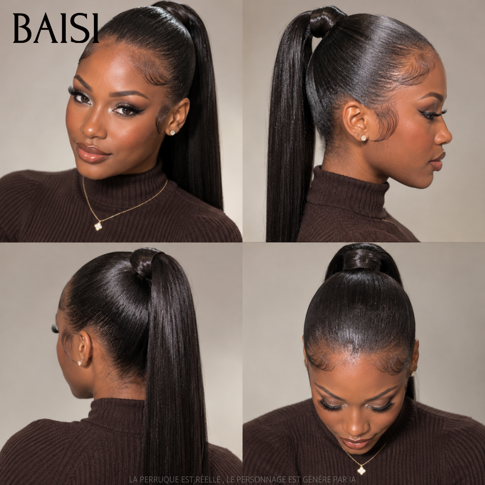 BAISI BLACK FRIDAY Bas Prix 100€ 20 pouces 13X4 lace frontal Perruques lisse noir avec en chignon bun en 100% vrais cheveux humains