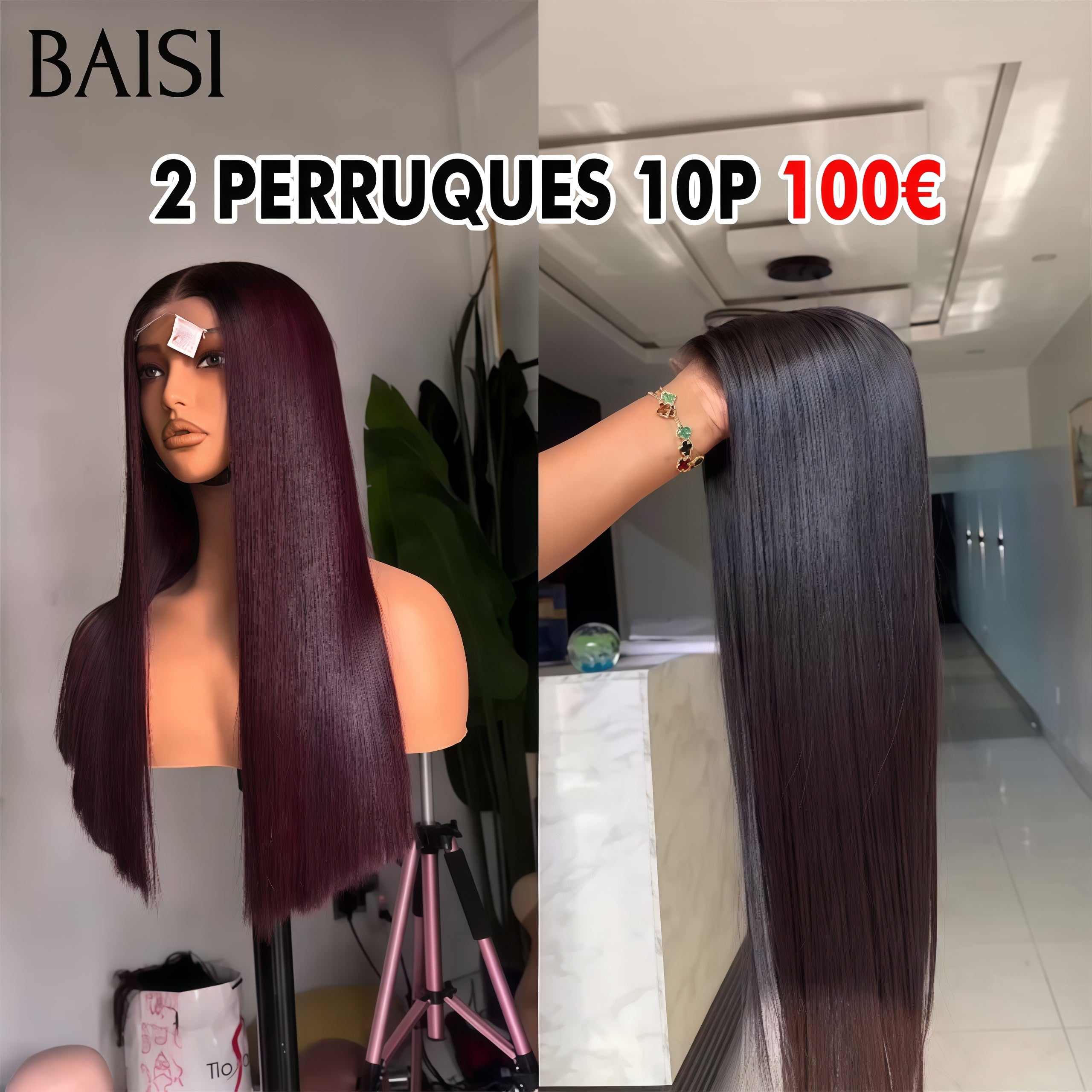 BAISI Ventes En Gros 2 perruques 100€ 4x4 lace lisse BOB 10 Pouces en couleur Bordeaux et noir en 100% Cheveux Humains