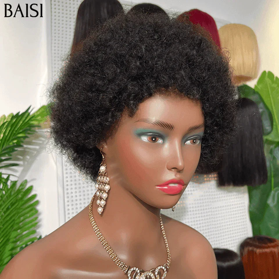 BAISI pixie perruque chioma ou afro curly 45€ noir san colle san lace en 100% Cheveux Humains fabriqué à la machine FR38