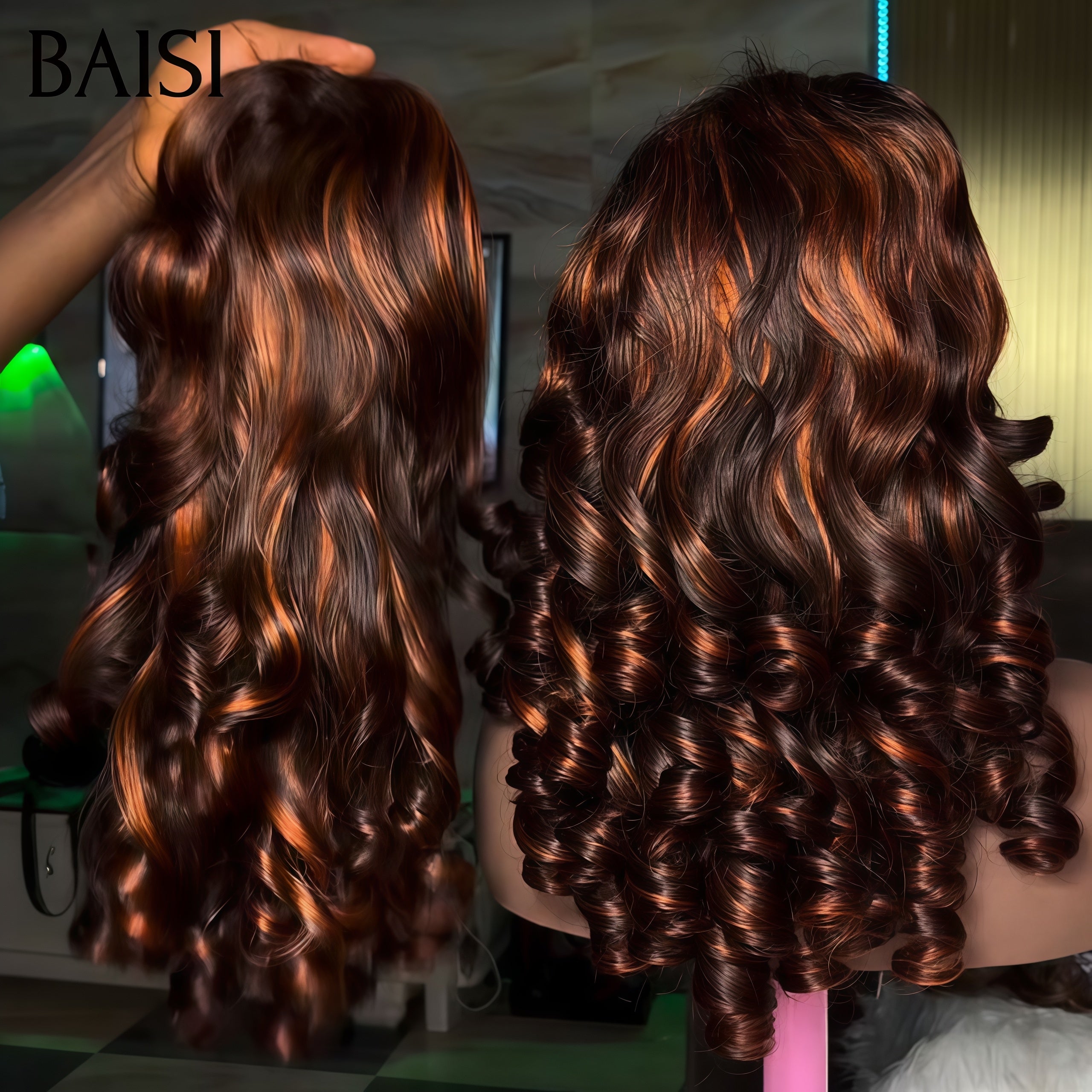 BAISI Perruque avec lace closure Bouclée Egg Wave en couleur Marron Mixte orange En 100% Cheveux Humains