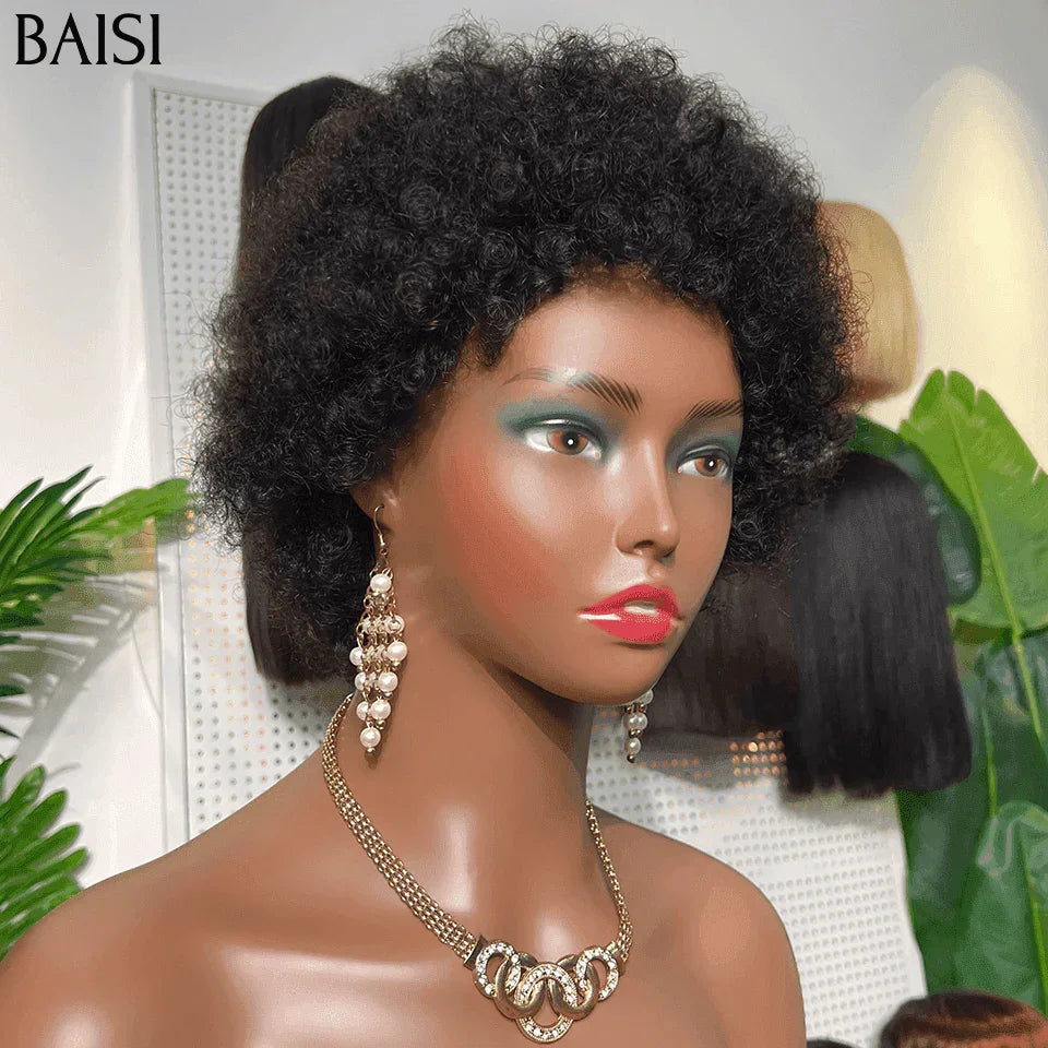 BAISI pixie perruque chioma ou afro curly 45€ noir san colle san lace en 100% Cheveux Humains fabriqué à la machine FR38
