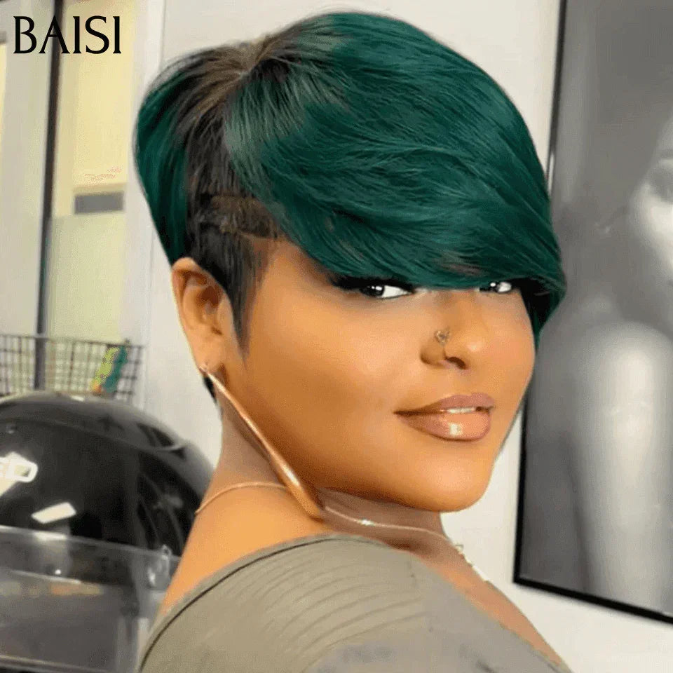BAISI Perruque Ondulée Coupe Pixie 13X4 Frontal Perruque personnalisée Lisse en Couleur Noir Mix vert 99€ en 100% cheveux humains