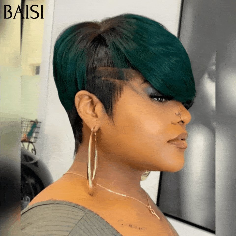 BAISI Perruque Ondulée Coupe Pixie 13X4 Frontal Perruque personnalisée Lisse en noir 48€ et Couleur Noir Mix vert 99€ en 100% cheveux humains