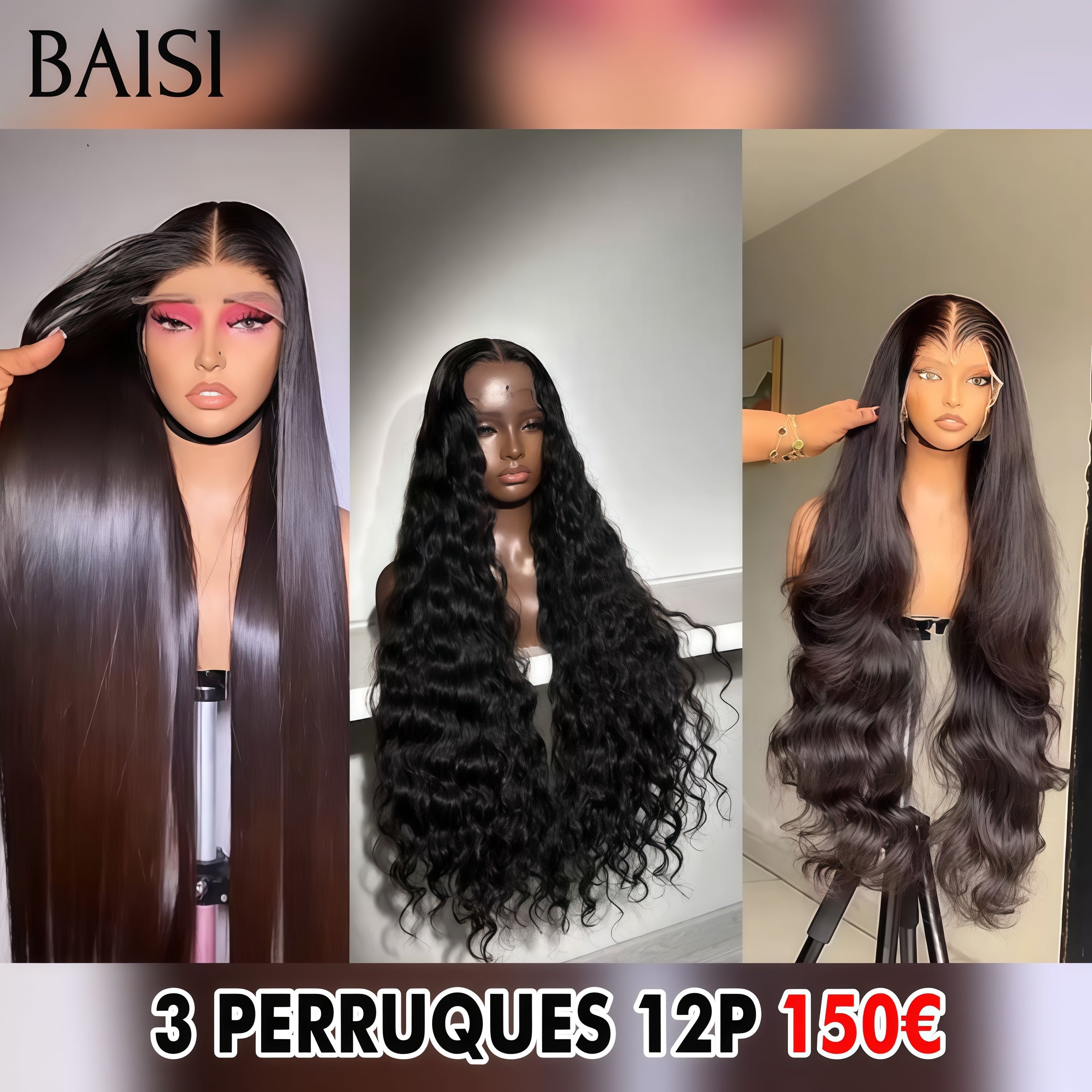 BAISI Perruques pour revendre 13x4 lace frontal deep wave et Lisse et body wave 12 Pouces 3 perruques 150€ en 100% Cheveux Humains