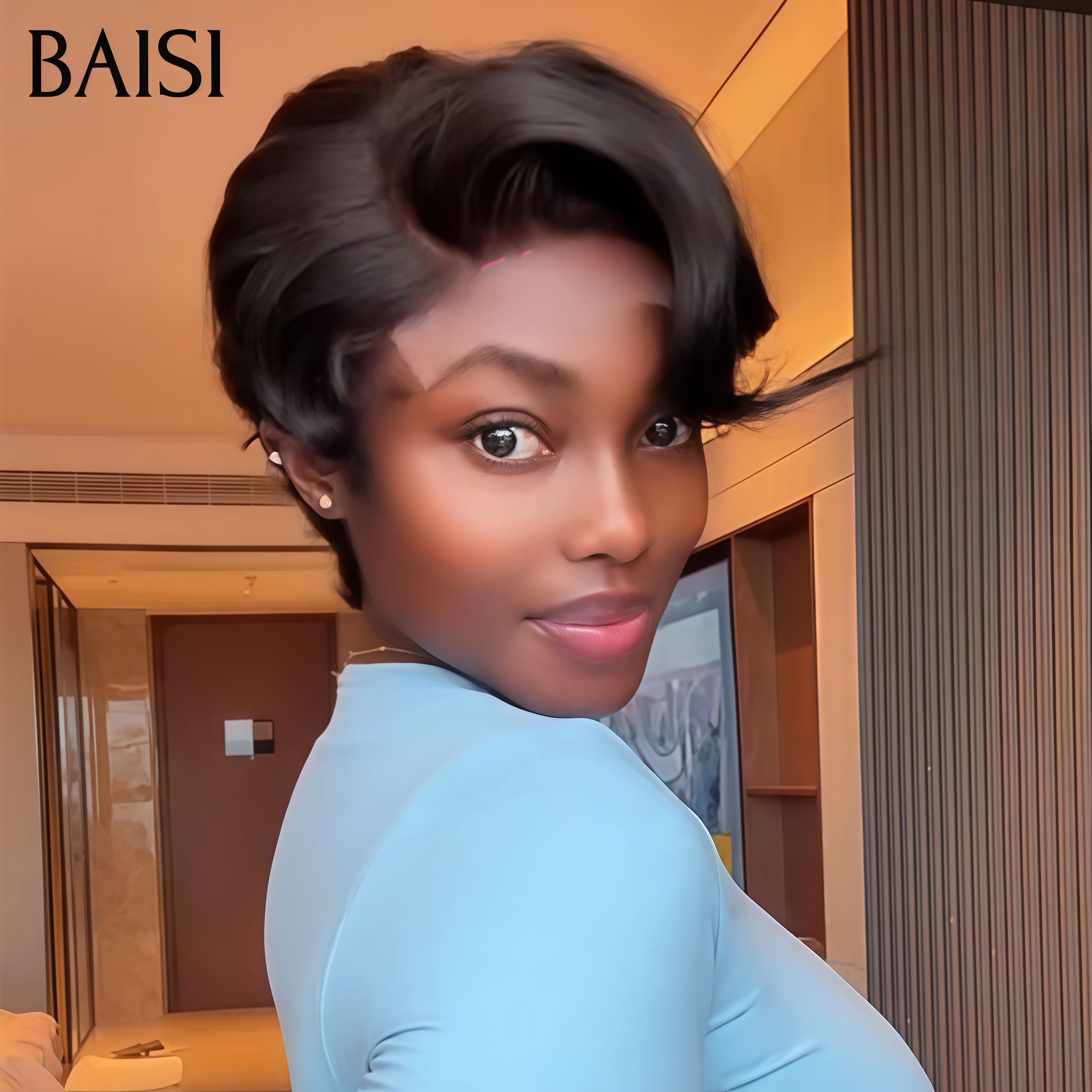 BAISI Perruque pixie avec lace frontal Bouclée 6 pouce 60€ NOIR Très bon marché En 100% Cheveux Humains