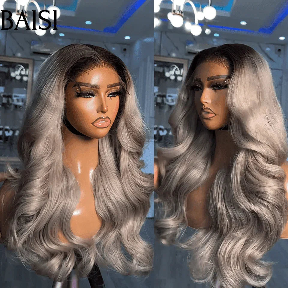 BAISI Collection Poivre et Sel 13X4 lace Perruque Body wave En Couleur Gris 1BTgris# 100% CHEVEUX HUMAINS