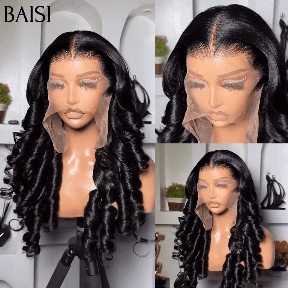 BAISI Offre Flash 13X4 Perruques de Luxe Naturelle Wave en Couleur NOIR 300% densité A1 Fabriquées par les cheveux double drawn mèches vièges volume en 100% Cheveux Humains