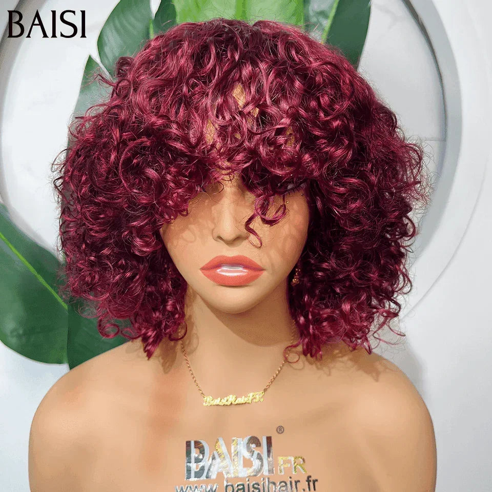 BAISI Sans Colle water wave avec Frange en Colorer bordeaux 99J 12 Pouces 100% Cheveux Humains