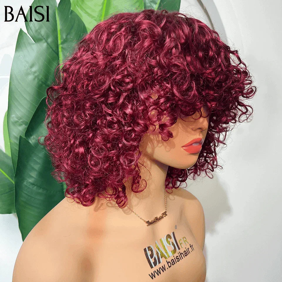 BAISI Sans Colle water wave avec Frange en Colorer bordeaux 99J 12 Pouces 100% Cheveux Humains