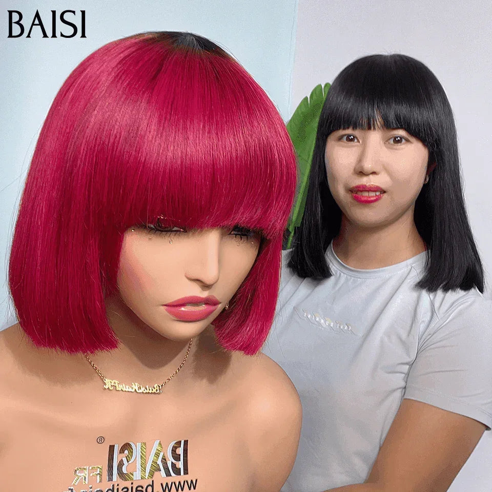 BAISI 1 perruque Lisse Bob avec Frange 8 Pouces 59€ ou Vente flash 2 perruques 130€ sans lace lisse bob avec frang en Couleur noir et bordeaux 1BT99J en 100% vrais cheveux humains CODE: VIP100