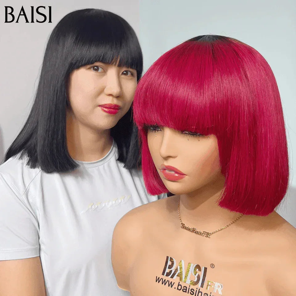 BAISI 1 perruque Lisse Bob avec Frange 8 Pouces 59€ ou Vente flash 2 perruques 130€ sans lace lisse bob avec frang en Couleur noir et bordeaux 1BT99J en 100% vrais cheveux humains CODE: VIP100