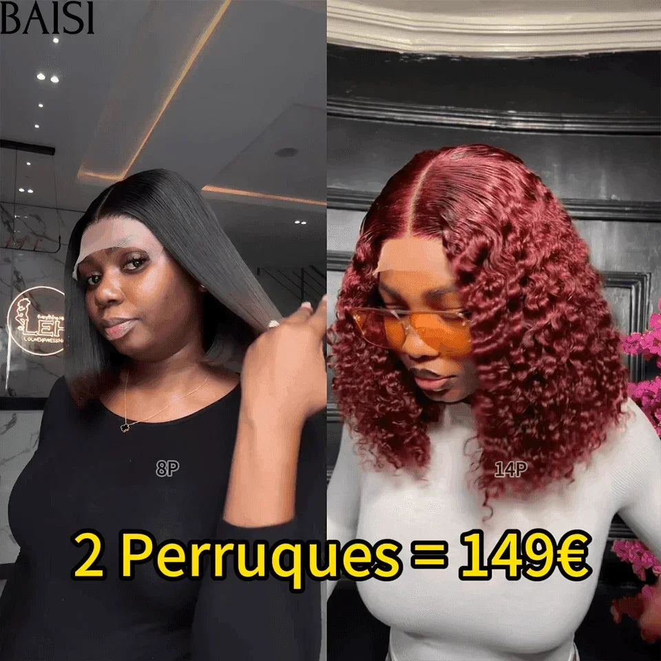 BAISI Promo bordeaux water wave 99€ Lot de 2 perruques 149€ 4X4 lace Marron Lisse et 99J# curly wave en 100% cheveux humains à moitié prix MP50