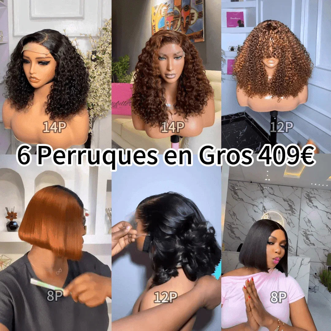 BAISI vente flash 6 Perruques 2X6 et 4X4 lace et Sans laces BOB Lisse et curly wave en 100% vrais cheveux humains 439 euro Code: FR38