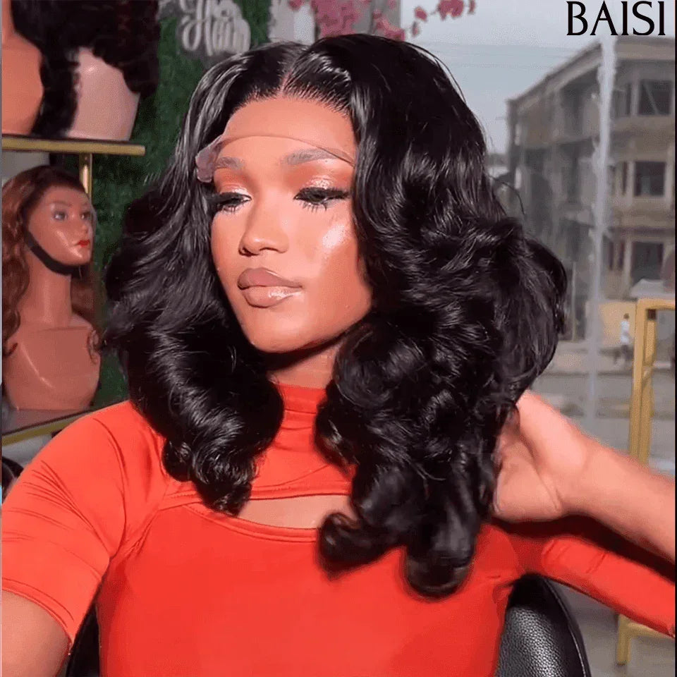 BAISI 2 Perruques 249€ 13X4 Bob Lisse marron et 4X4 Boucle egg wave 16 Pouces NOIR en 100% Cheveux Humains vietnam hair FR38