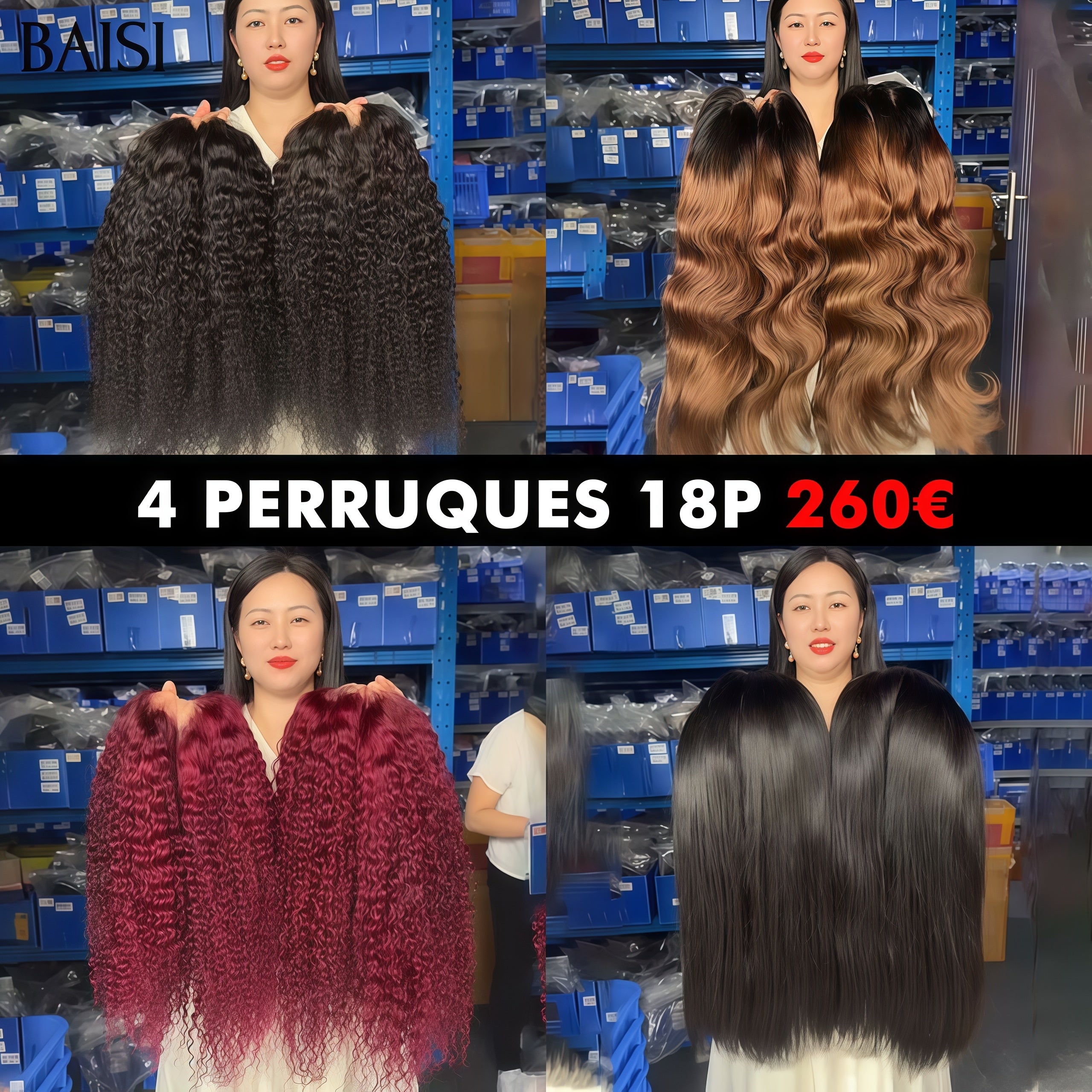 BAISI Ventes En Gros 4 perruques 260€ 13x4 lace frontal 18 Pouces curly wave en couleur Bordeaux et noir et body wave marron et lisse noir en 100% Cheveux Humains