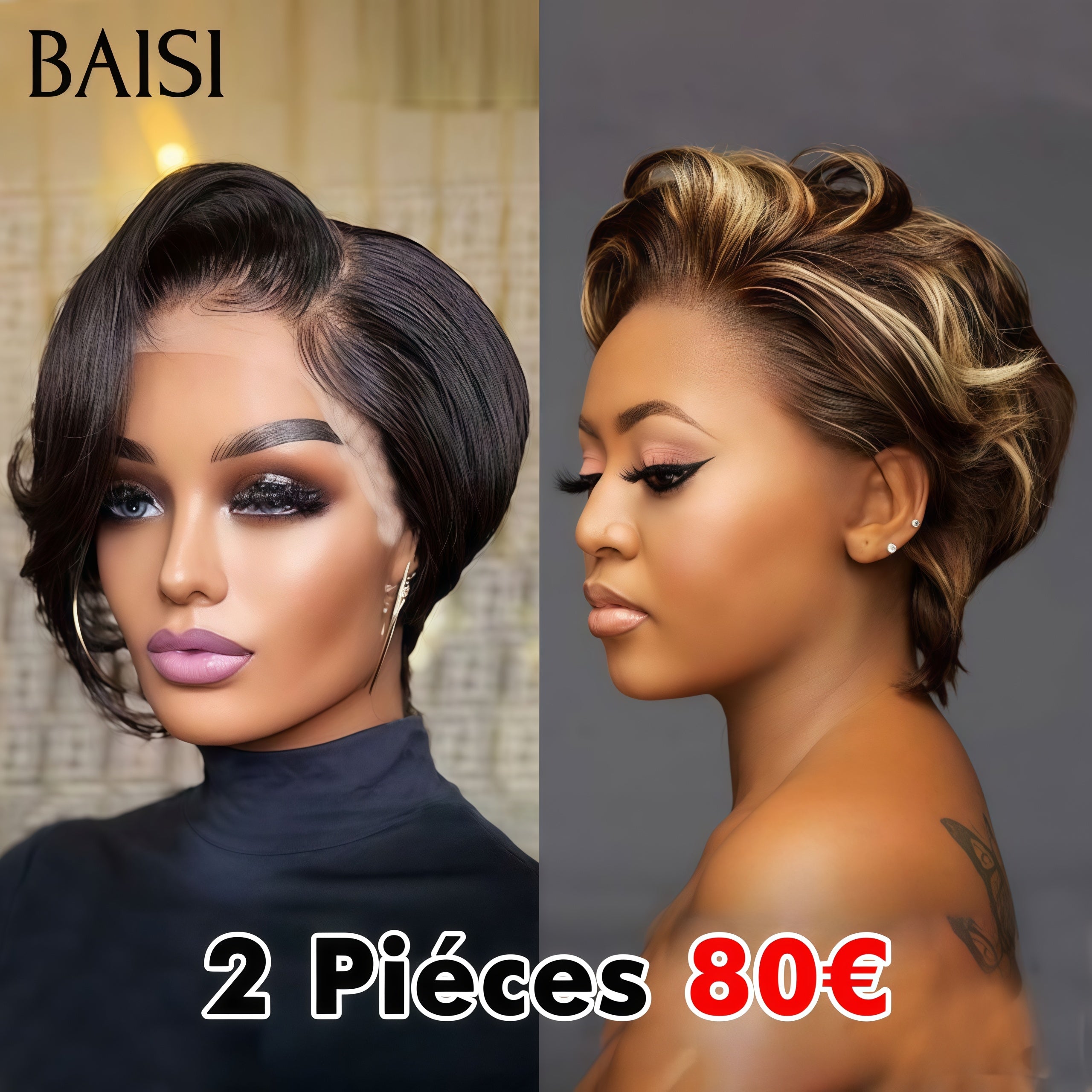 BAISI 2 Piéces 80€ pixie 13x4 Lace Frontale Perruque lisse petite coupe Facile à porter NOIR et Mixte Miel En 100% Cheveux Humains
