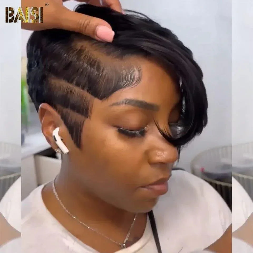 BAISI Perruque Full Lace 100% Cheveux Naturels Perruque Ondulée Coupe Pixie Full Lace Perruque personnalisée Lisse en Couleur 1B en 100% cheveux humains