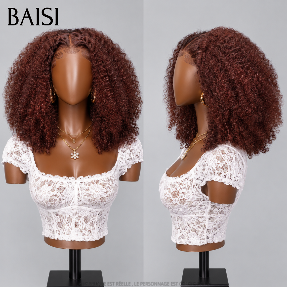 BAISI 4x4 Perruque Bob Curly en Marron #4 Sans Colle Lace déjà couper Facile à Porter en 100% Cheveux Humains