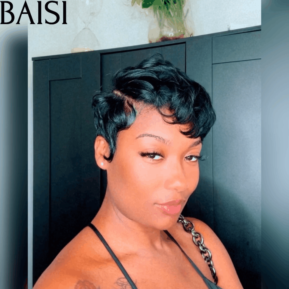 BAISI Grand SOLDES TVA 0€ 39€ Coiffure à la Mode #007G Pixie En Couleur NOIR en 100% Cheveux Humains