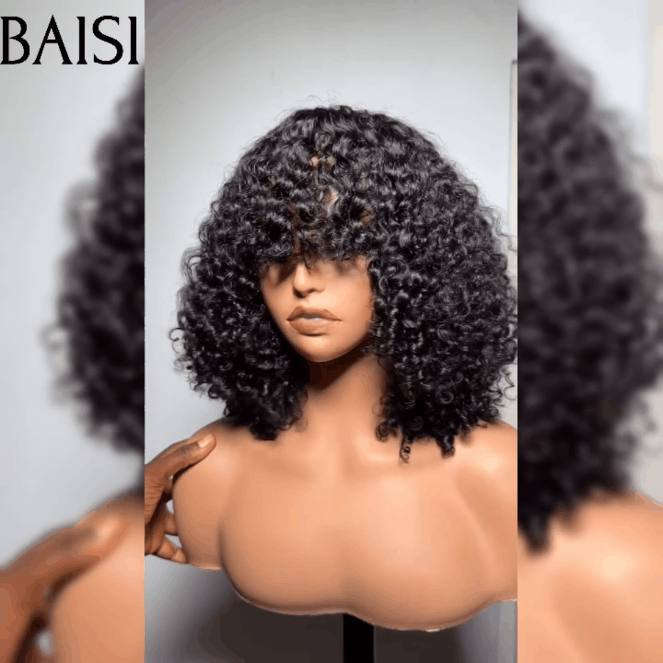 BAISI Flash Offre 84€ Perruque Curly Bouclée Avec Frange Noir Marron En 100% Cheveux Humains De Bonne Qualité FR38