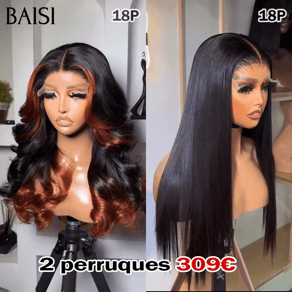 BAISI 2 Perruques 309€ 4X4 Lisse NOIR et 4X4 Boucle 18 Pouces de luxe 250% densité en 100% Cheveux Humains vietnam hair BS65
