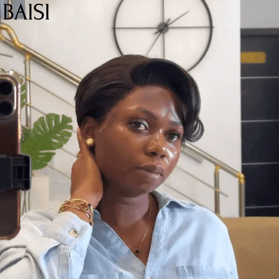 BAISI BLACK FRIDAY Promo 68€ 13X4 lace pixie wig Straight BLACK in 100% Human Hair FR38