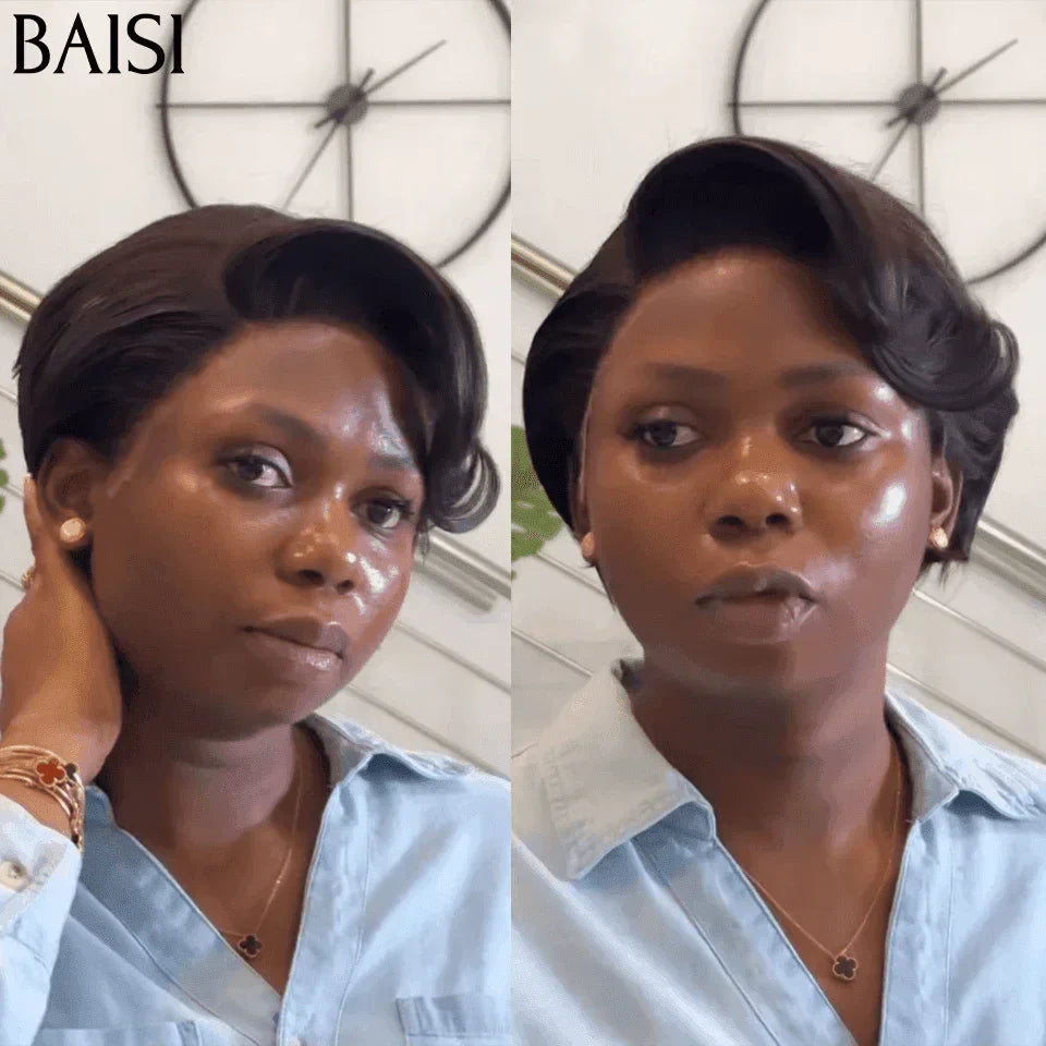 BAISI BLACK FRIDAY Promo 68€ 13X4 lace pixie wig Straight BLACK in 100% Human Hair FR38