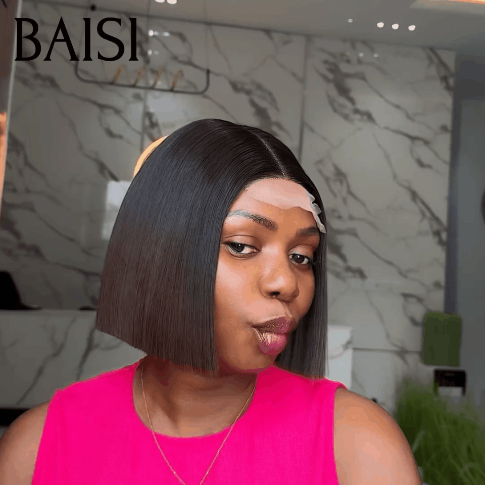 BAISI 2X6 lace Perruque BOB Lisse 98€ de Luxe Haute Qualité Viêtnam Hair Lisse BOB en Couleur Marron avec racine noir 1BT4# en 100% Cheveux Humains FR38