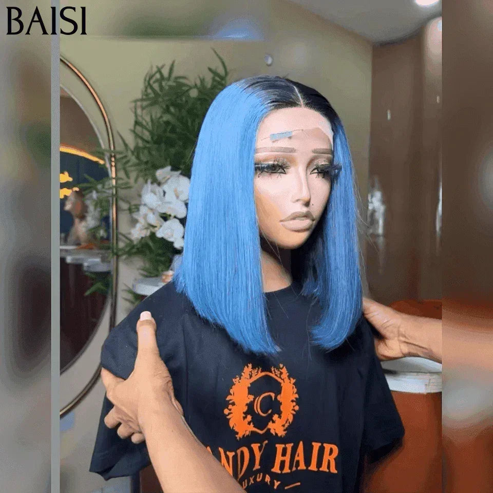 BAISI Achetez 2 perruques minimum au prix d'usine fournisseur 2x6 Perruque Bob Lisse En 1B/bleu En 100% Vrais Cheveux Humains (Pas Besoins De Code)