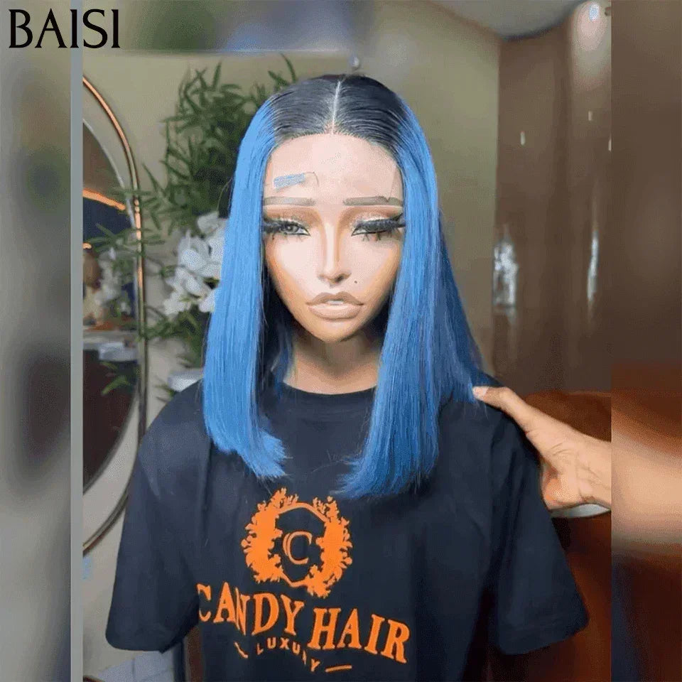 BAISI Achetez 2 perruques minimum au prix d'usine fournisseur 2x6 Perruque Bob Lisse En 1B/bleu En 100% Vrais Cheveux Humains (Pas Besoins De Code)