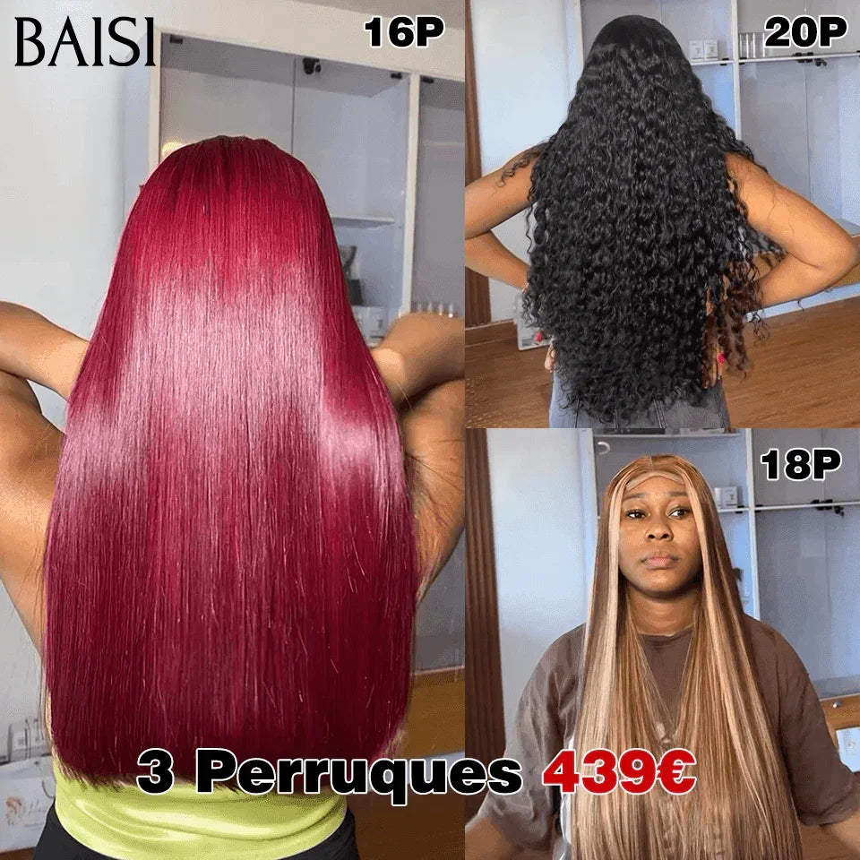 BAISI 3 Perruques 439€ 4X4 lisse 99J et Mixte 4#27# de luxe et curly wave 250% densité en 100% Cheveux Humains BS65