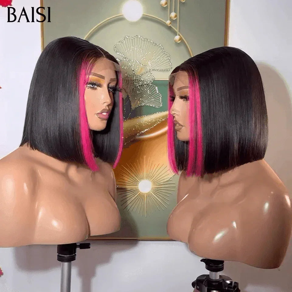 BAISI Perruque Bob lisse 10 Pouces 1B/rose Avec 4x4 clsoure en 100% cheveux humains FR38
