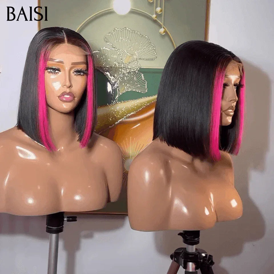 BAISI Perruque Bob lisse 10 Pouces 1B/rose Avec 4x4 clsoure en 100% cheveux humains FR38