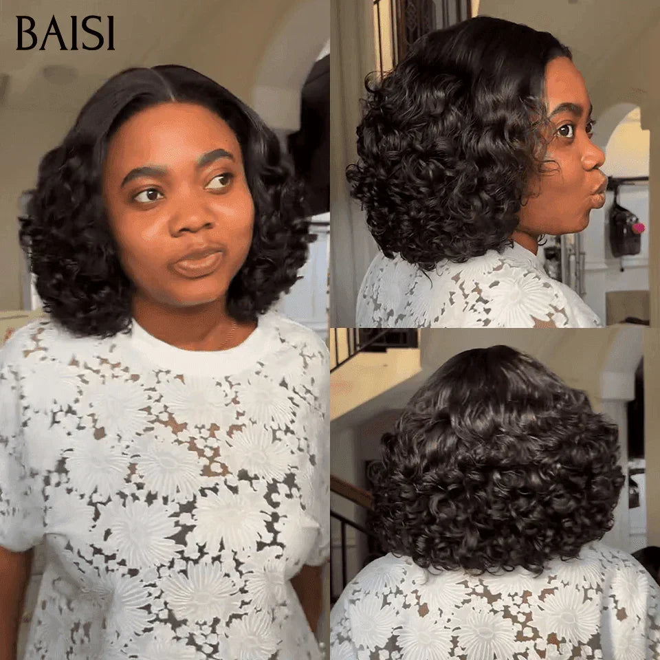 BAISI Achetez 2 perruques minimum au prix d'usine fournisseur 4*4 Pixie Egg Curls Raie sur le côté NOIR 10 Pouces En 100% Cheveux Humains (Pas Besoin de Code)