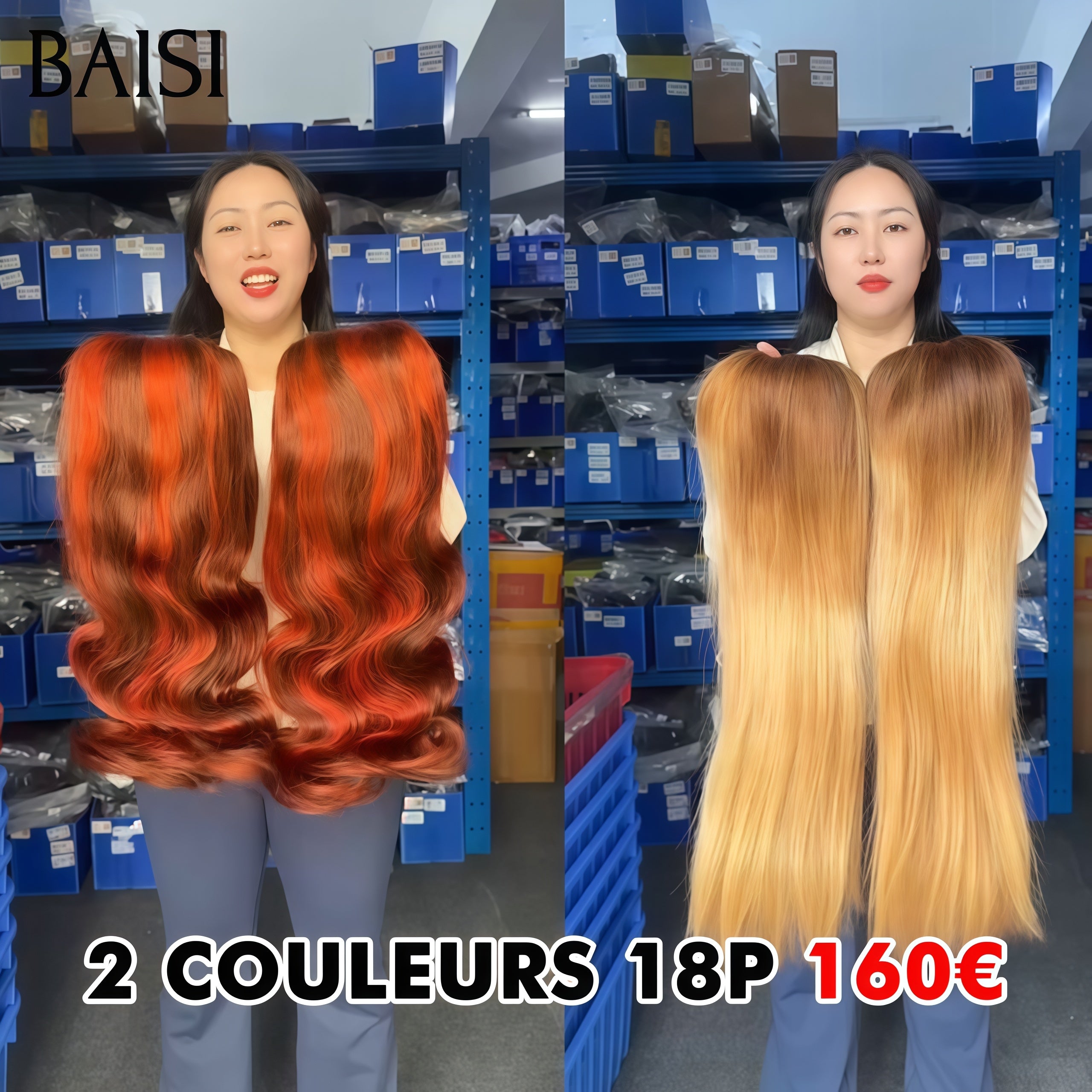 BAISI PROMO Le plus BAS PRIX 2 perruques 160€ lace frontal 13x4 Perruque Lisse 18 Pouces en couleur Mixte Miel et Body wave Marron Mixte orange en 100% Cheveux Humains
