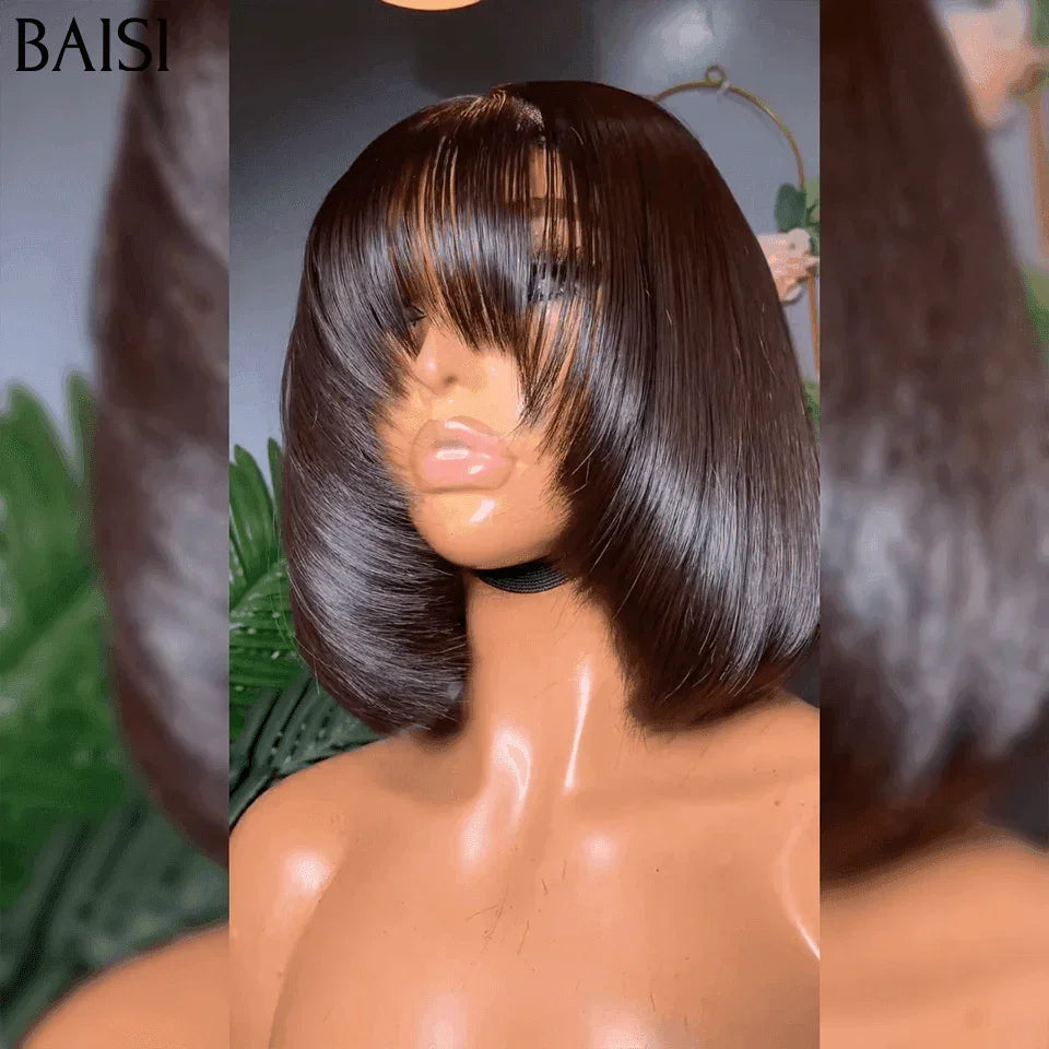 BAISI 15A SDD BONE STRAIGHT bob Parrucche di lusso Bob dritto senza pizzo con frangia A1 Realizzato con capelli doppiamente tirati