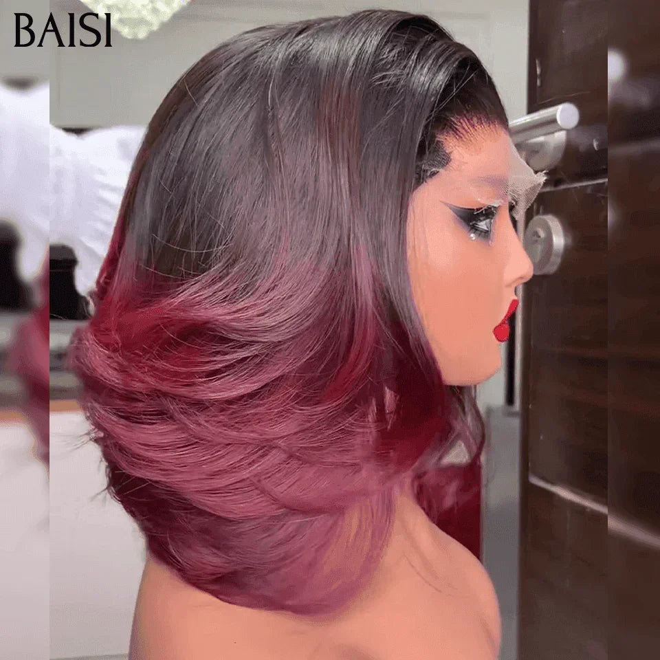 BAISI Lace 2X6 Closure Wig Smooth All Burgundy Red 99J# 12 Inches Luxury 100% Human Hair MP50
