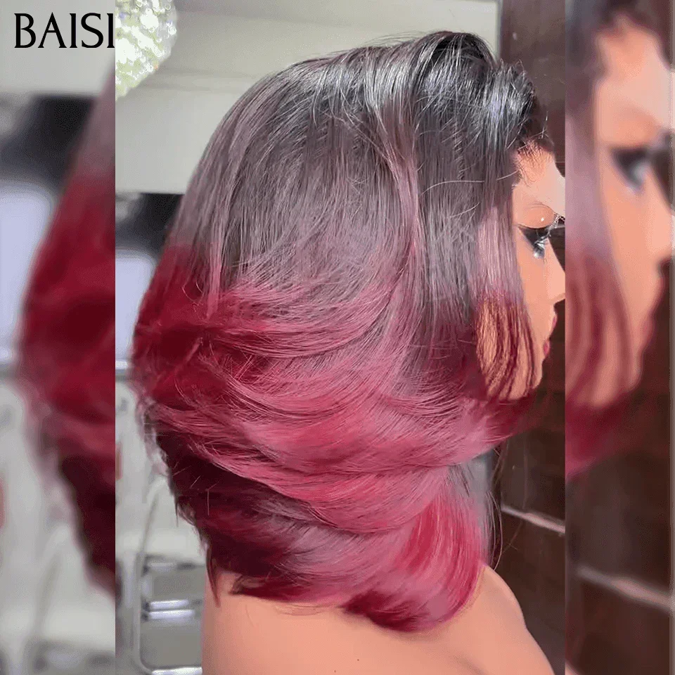 BAISI Lace 2X6 Closure Wig Smooth All Burgundy Red 99J# 12 Inches Luxury 100% Human Hair MP50