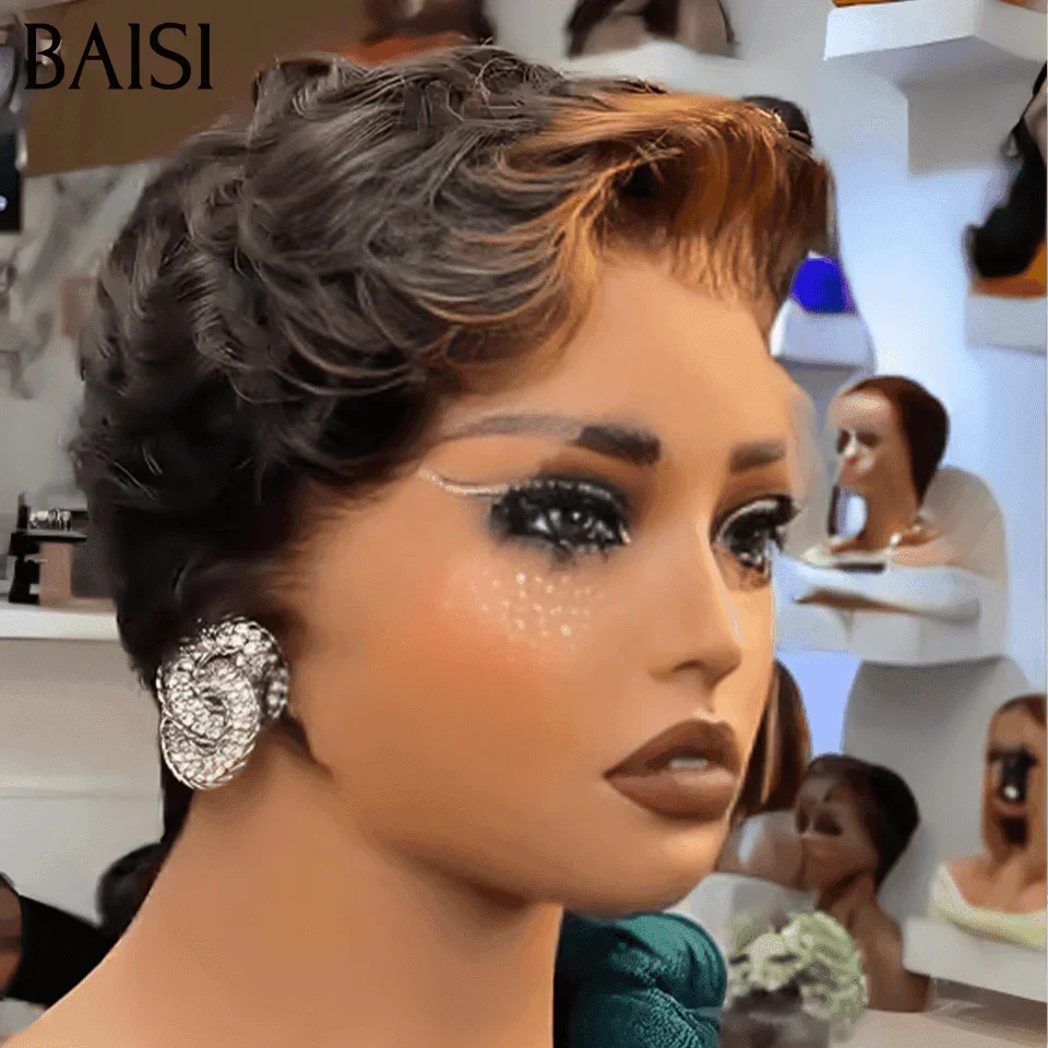 BAISI Offre Flash 68€ 13X4 lace Frontal Perruque Pixie vague En Couleur noir mixte miel en 100% Cheveux Humains FR38