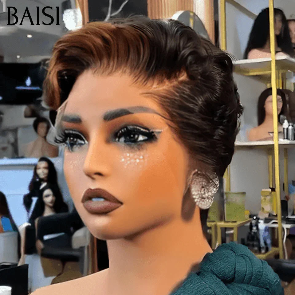 BAISI Offre Flash 83€ 13X4 lace Frontal Perruque Pixie vague En Couleur noir mixte miel en 100% Cheveux Humains FR38
