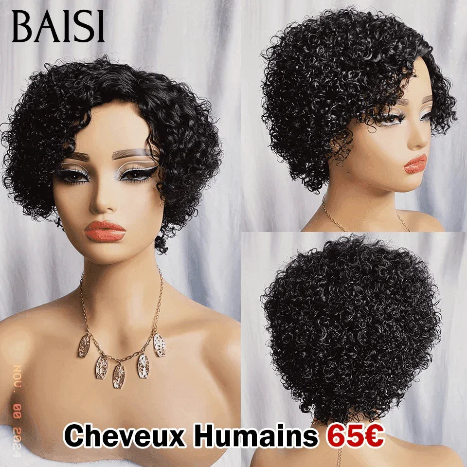 BAISI Offre Flash Perruques 65€ Pixie curly sans lace sans colle bouclé partout Noir en 100% cheveux humains FR38