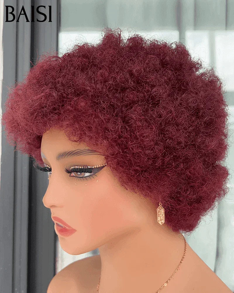 BAISI BLACK FRIDAY PROMO Perruque 45€ Afro curl 99J Livraison gratuite en Europe Arrivage pixie coupe fabriqué à la machine En couleur #27 En 100% Cheveux Humains