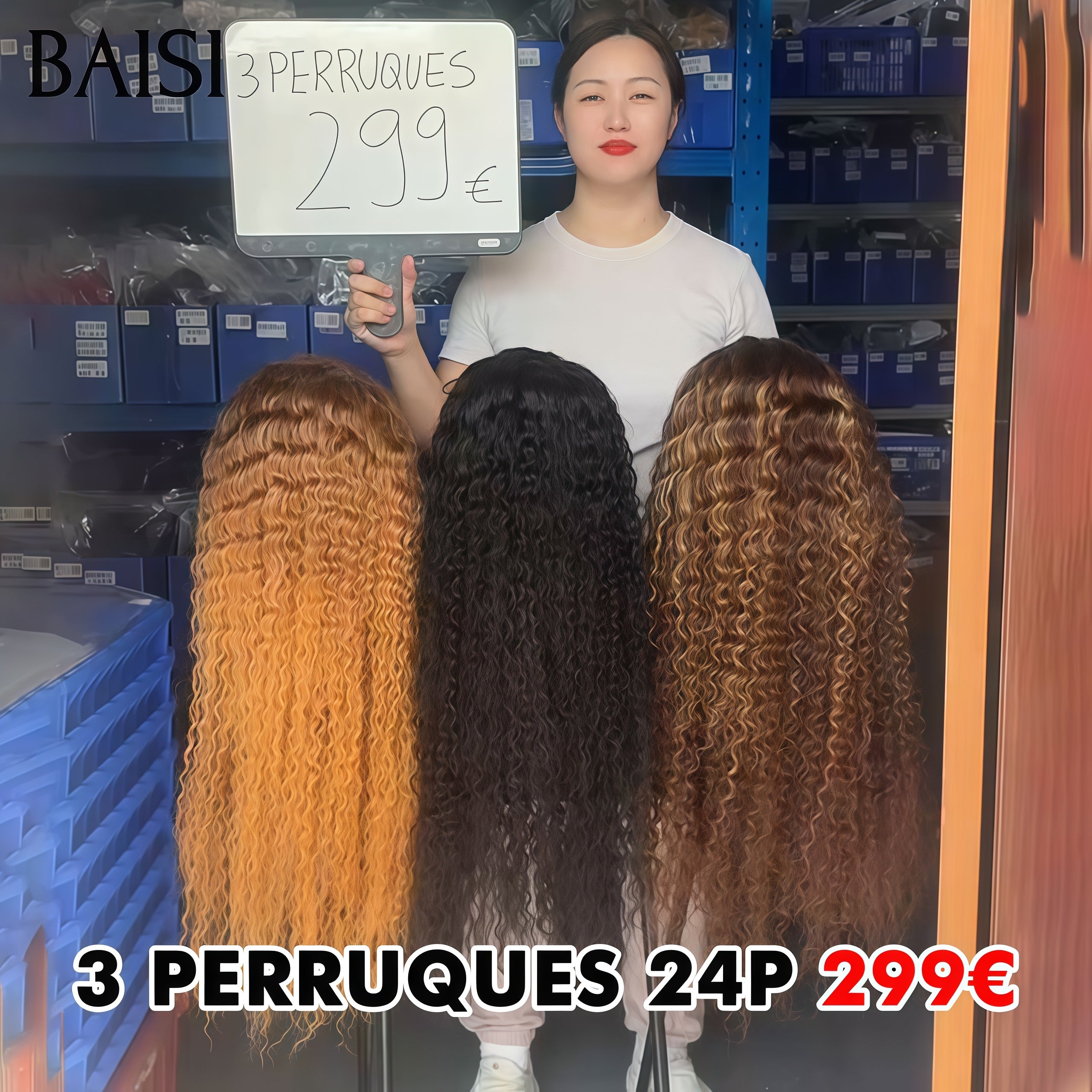 BAISI Promotion Black Friday 299€ pour 3 pièces perruques 13x4 lace frontal curly wave 24 Pouces en 3 couleurs en 100% Cheveux Humains VIP100