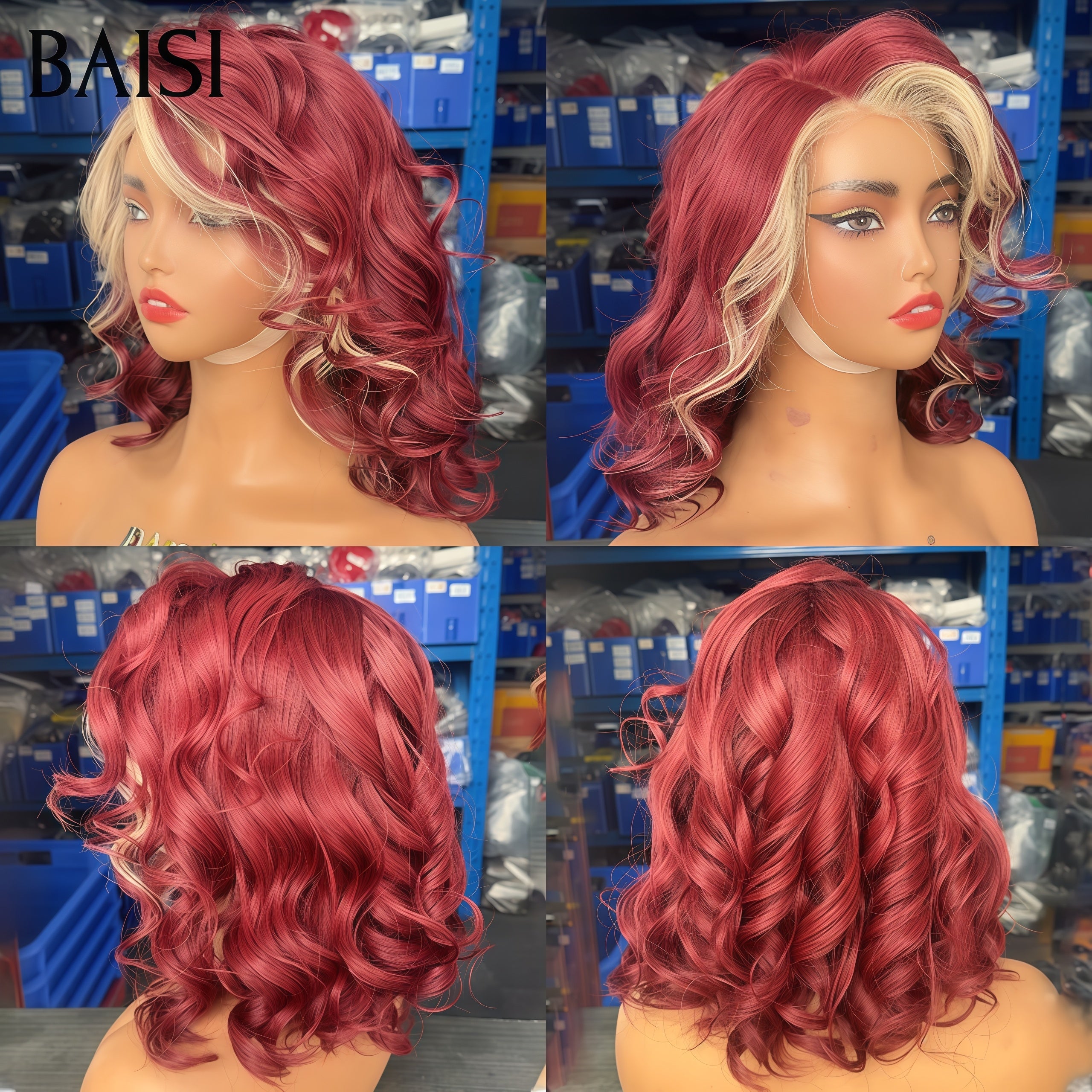 BAISI PROMO Stocks limités 99€ Perruque avec lace frontal bouclé egg wave Couleurs personnalisées rouge violacé Mixte blonde en 100% Cheveux Humains