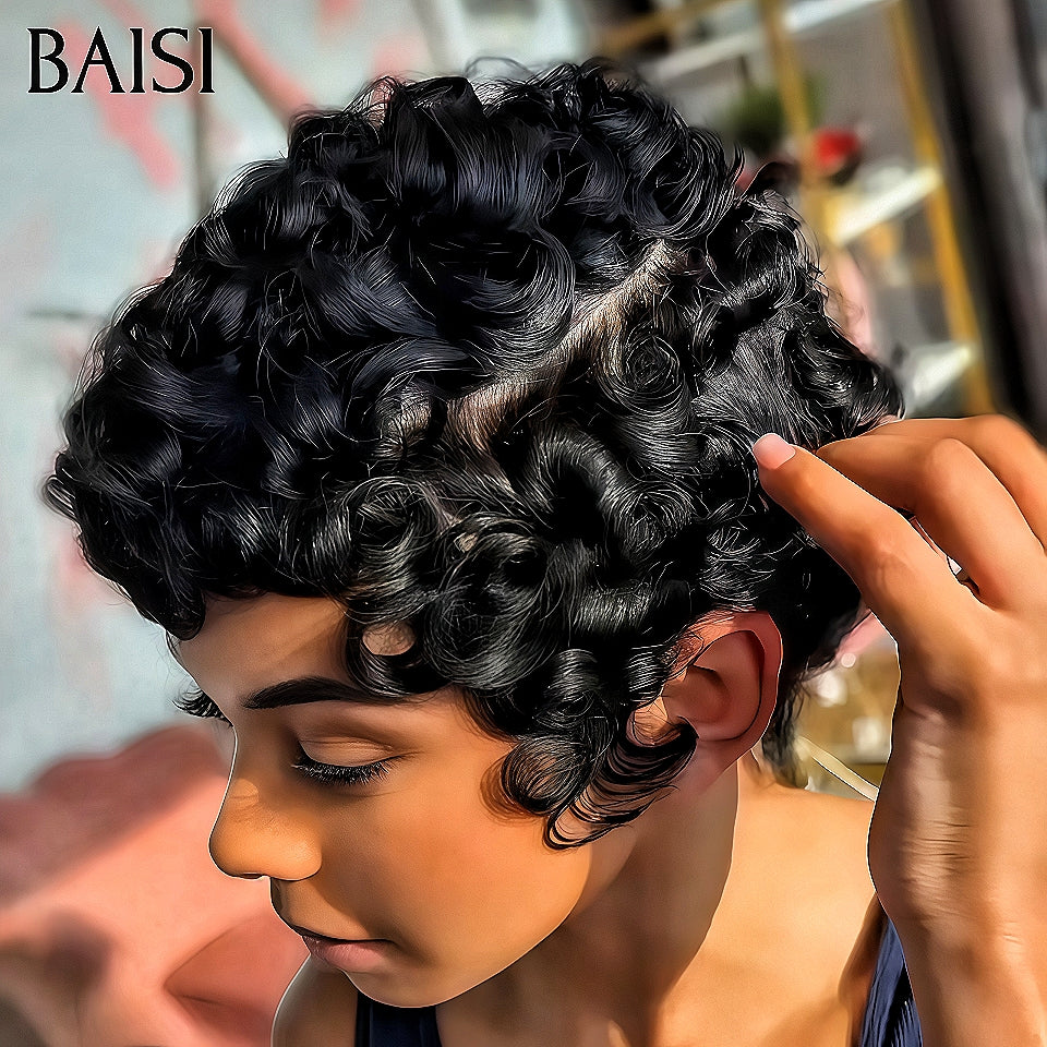 BAISI Grand PROMO BLACK FRIDAY BAS Prix aujourd'hui perruque chioma pixie sans lace finger wave NOIR petite coupe fabriqué à la machine 39€ en 100% cheveux humains