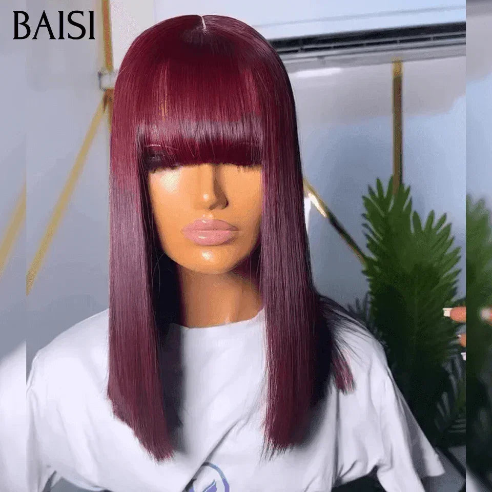 BAISI BLACK FRIDAY PROMO 99€ PERRUQUE ROUGE BORDEAUX AVEC FRANGE FABRIQUÉ À LA MACHINE SDD bone straight de Luxe 100% Vietnam Hair