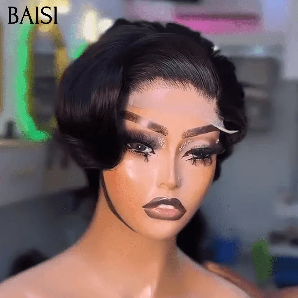 BAISI Vente Promo 55€ 13X4 perruque pixie natural wave noir en 100% vrais cheveux humains FR38