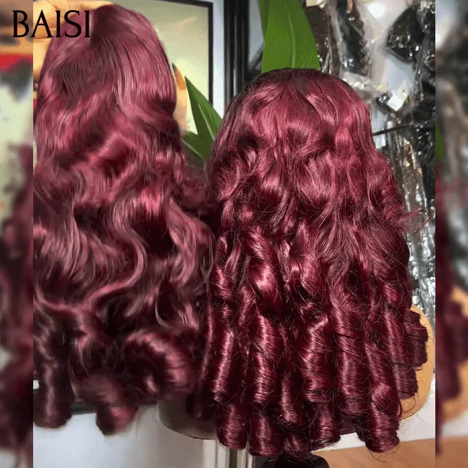 BAISI 13X4 Lace Natural Wave Perücke 20 Zoll in der Farbe Burgund 99J# oder Braun 4# 300 % Dichte in 100 % Echthaar BS50
