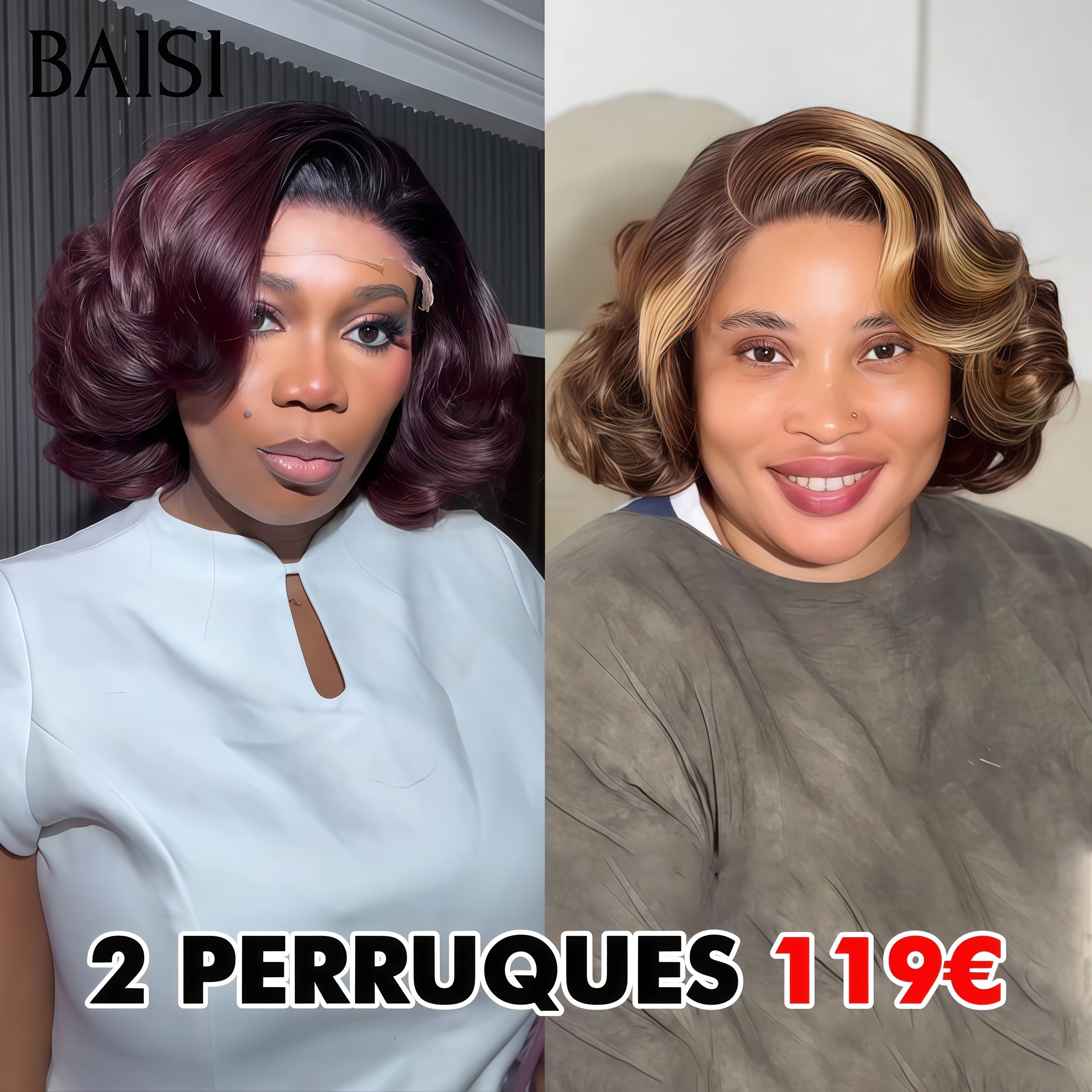 BAISI 2 Perruques 119€ Promotion Black Friday 2 pièces pixie 13x4 lace frontal egg wave 2 couleurs en 100% Cheveux Humains