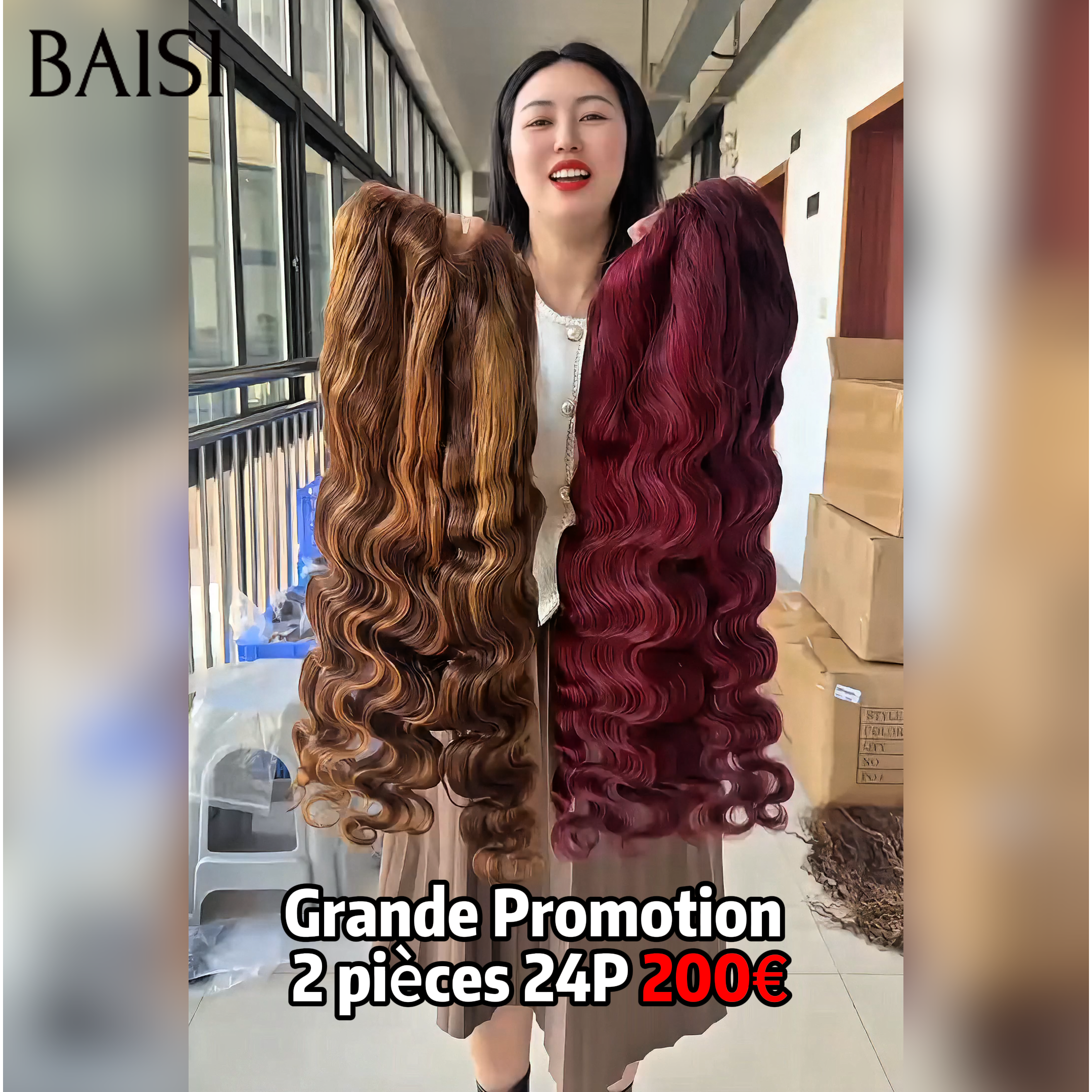 BAISI Black Friday 2 perruques 13x4 lace frontal Body wave en 2 couleurs Marron Mixte Miel et Bordeaux en 100% Cheveux Humains